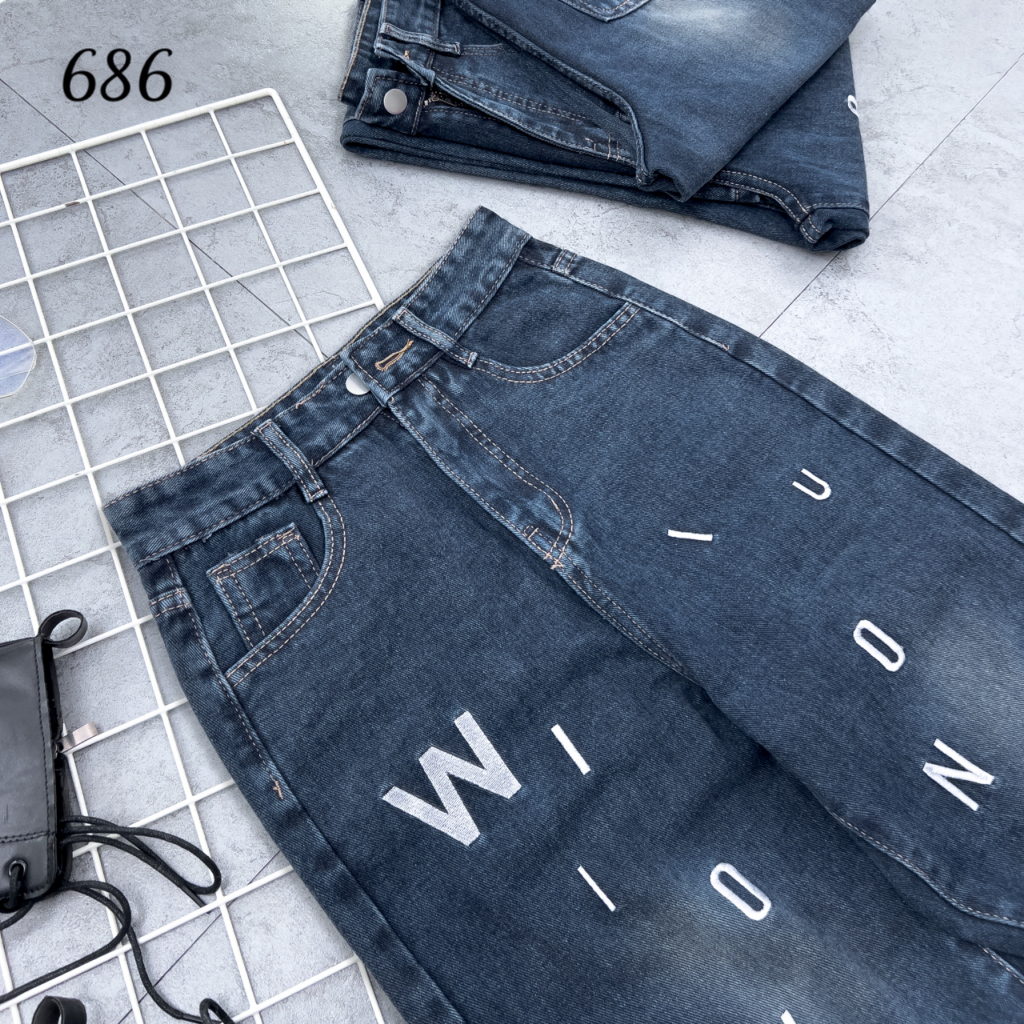 Quần Jean Nữ Dài Lưng Cao Ống Rộng, Quần Bò Thời Trang Hot Trend Thêu Chữ Hình thật shop tự chụp kèm Video 686