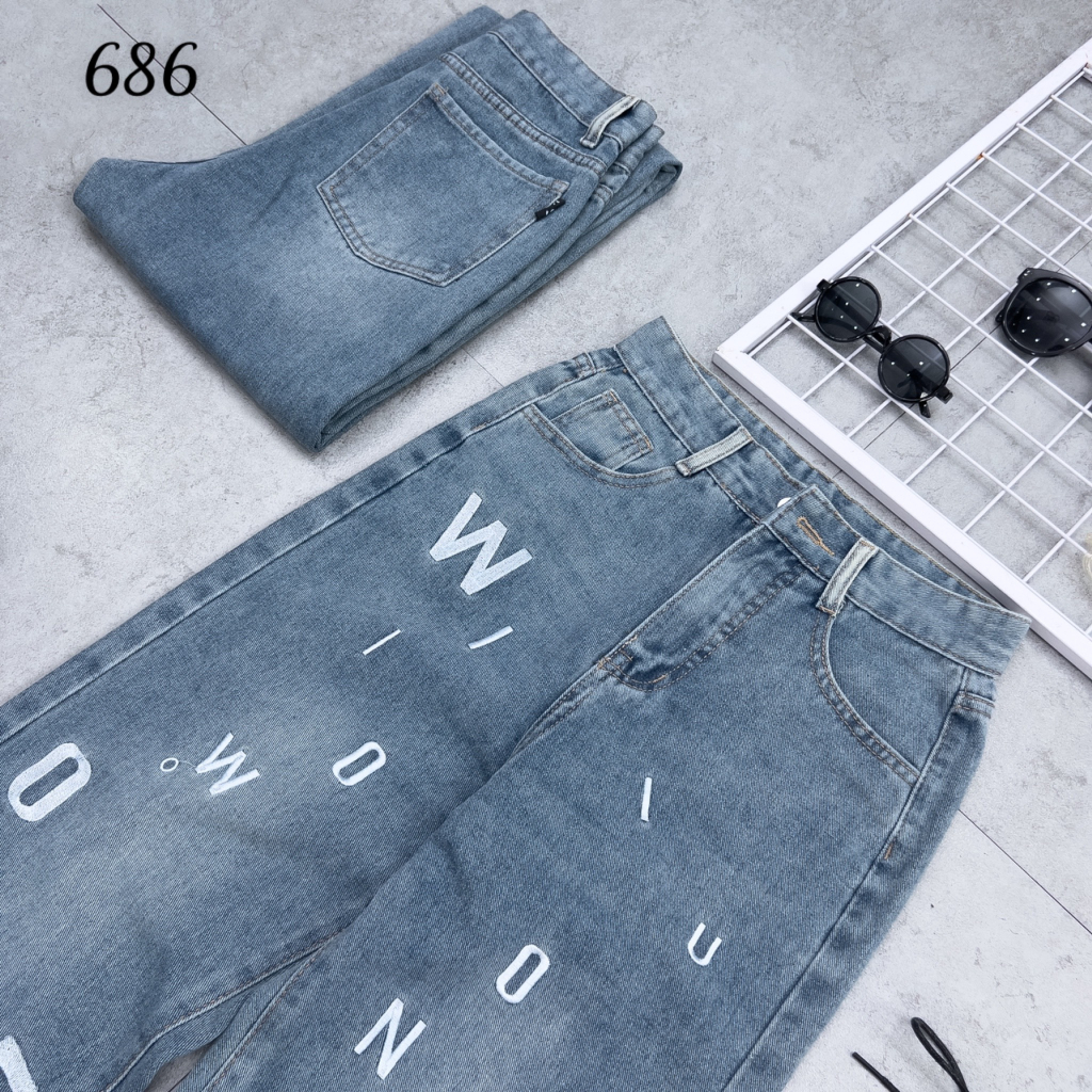 Quần Jean Nữ Dài Lưng Cao Ống Rộng, Quần Bò Thời Trang Hot Trend Thêu Chữ Hình thật shop tự chụp kèm Video 686
