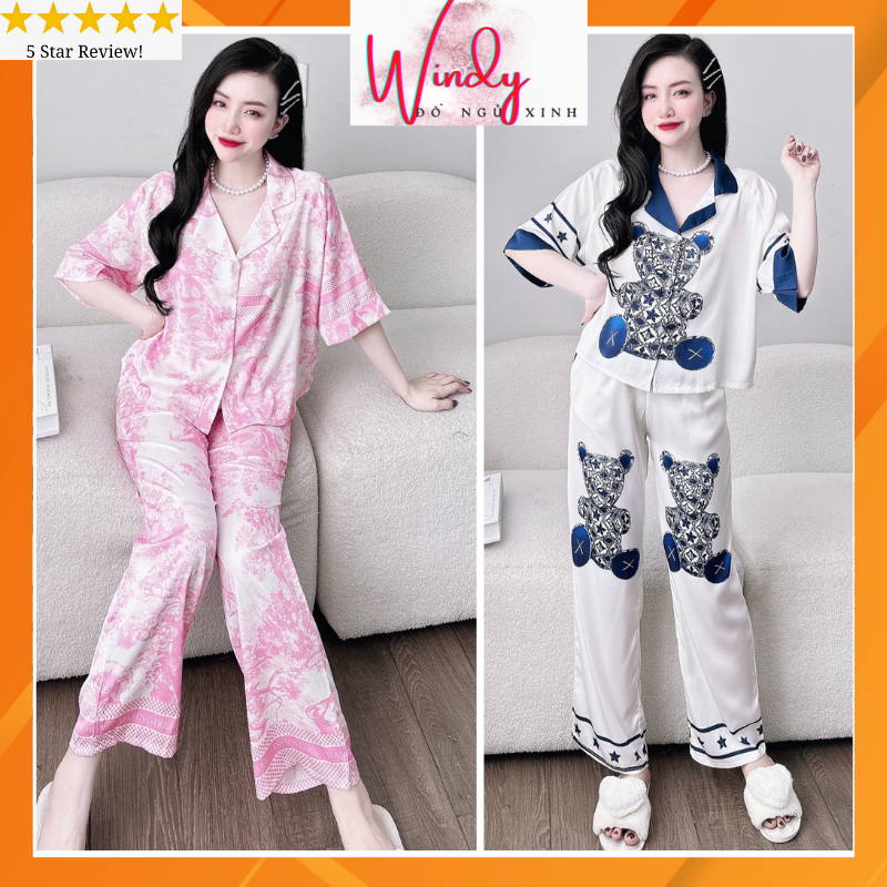 Đồ ngủ nữ pizama đẹp tay ngắn mặc nhà đẹp chất liệu lụa latin 3D vải siêu mịn mát freesize dưới 62kg WINDY