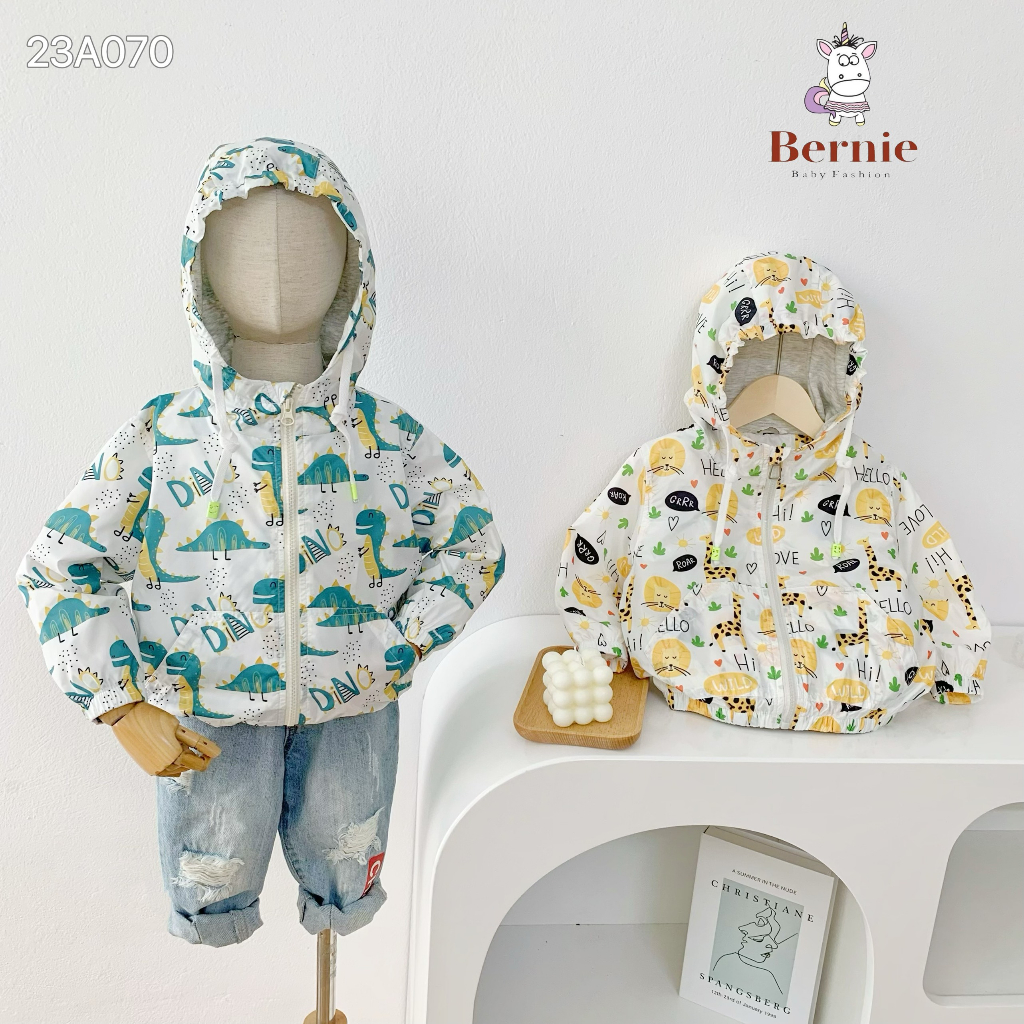 Áo khoác gió in hoạ tiết unisex cho bé trai bé gái, áo khoác dù có mũ cho bé Bernie