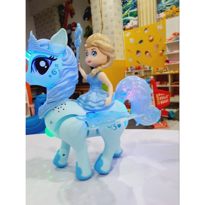 Đồ chơi công chúa Elsa cưỡi ngựa Pony cầm trượng cực đẹp, có đèn có nhạc