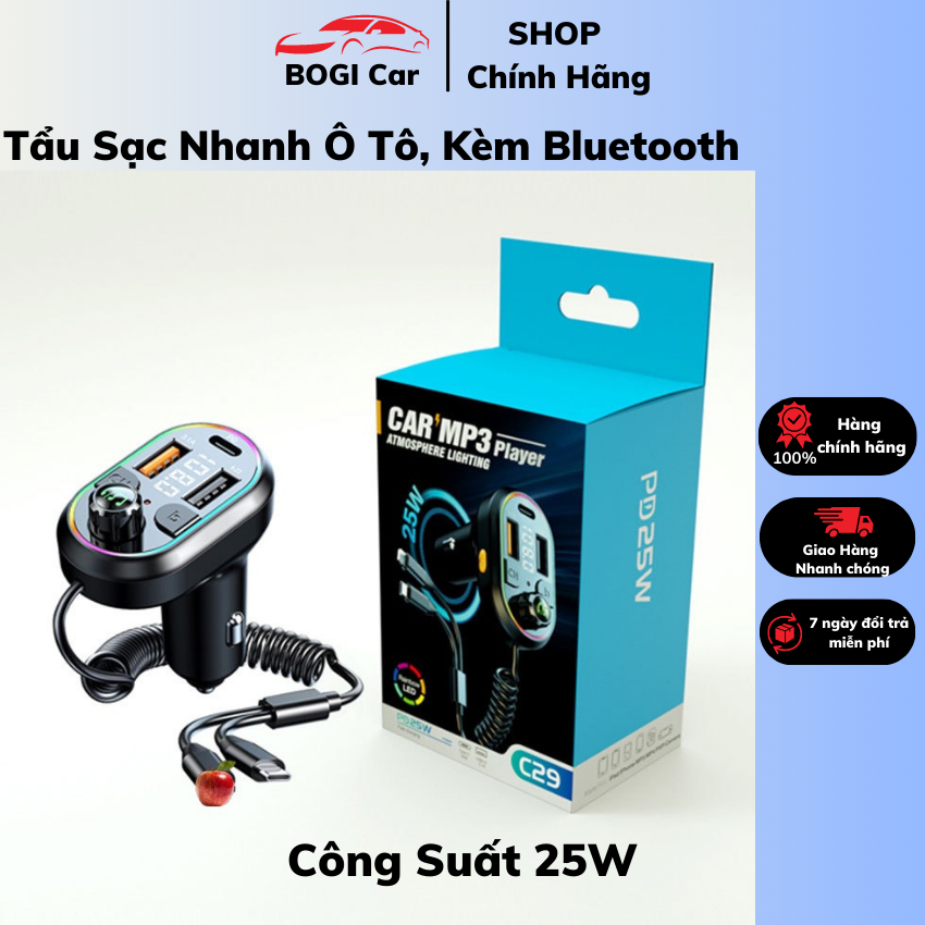 Tẩu Sạc Nhanh Ô Tô chuyên dụng Công Suất 25W có 3 cổng PD,Loa bluetooth 5.0,dây sạc có sẵn,bảo hành Chính Hãng - BoGi