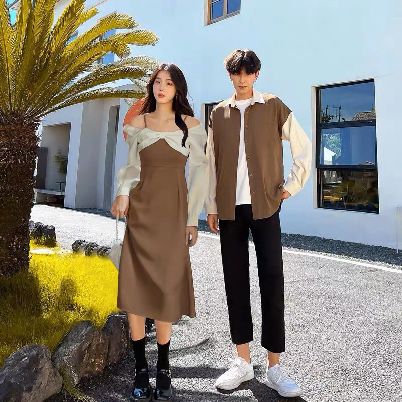 Áo váy đôi đi tiệc nâu phối trắng nàng thơ cực xinh - Forever Couple Store | Tiệm Đồ Đôi