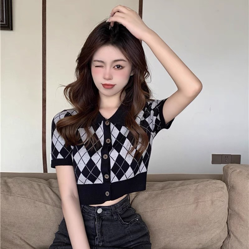 Áo Polo Croptop Kẻ Thoi/Kim cương Cổ bẻ nữ