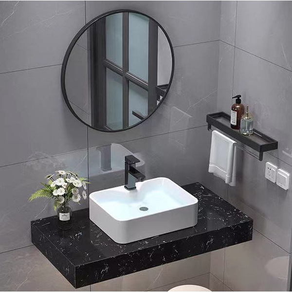 Combo bàn đá đen + lavabo vuông trắng + gương viền đen + kệ gương viền đen (không bao gồm vòi và xả lavabo)