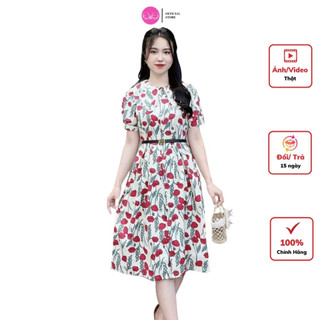Váy đầm xòe hoa cổ sen viền ren bo tay đai eo Evalover