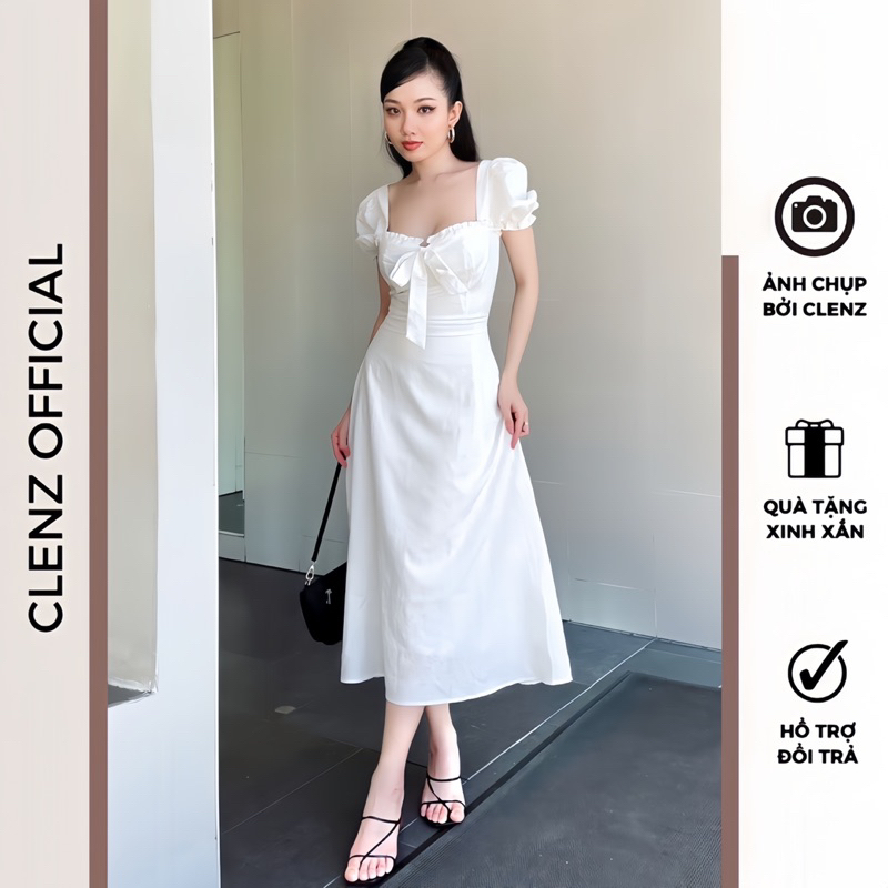 Đầm trắng dáng dài thắt nơ xinh, váy cưới cô dâu lễ ăn hỏi có size XS Bigsize D06