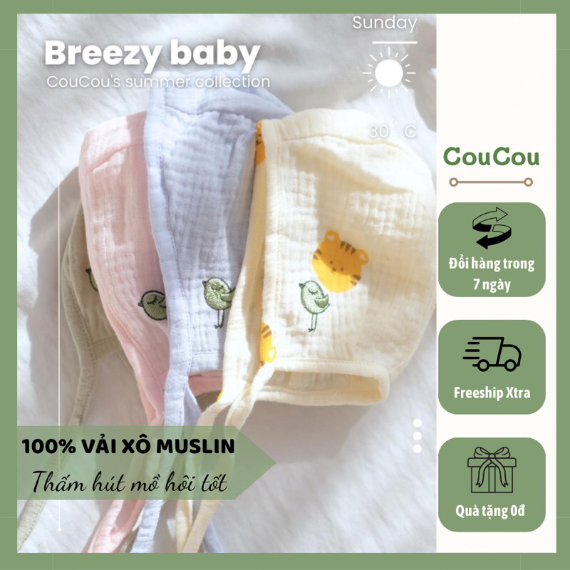 Mũ sơ sinh 0-3 tháng CouCou vải Xô Muslin mềm mịn