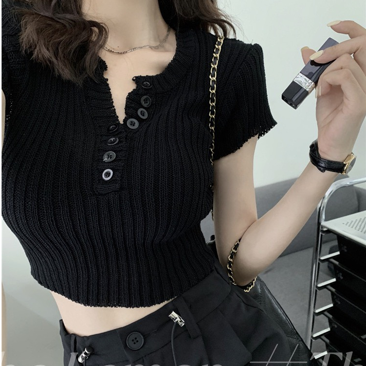 Áo len croptop tay con ngực phối nút sang trọng SHINE.CLOTHES
