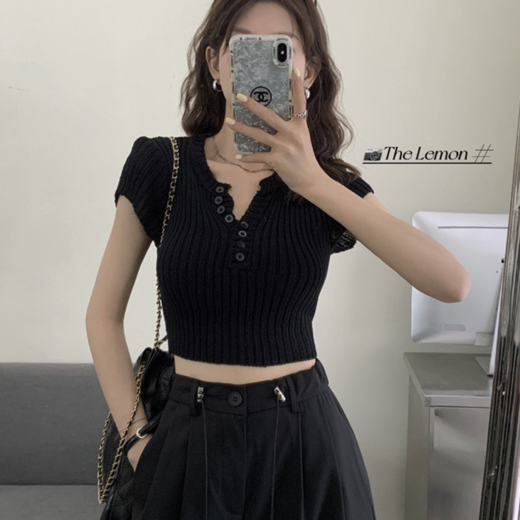 Áo len croptop tay con ngực phối nút sang trọng SHINE.CLOTHES