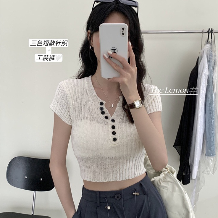Áo len croptop tay con ngực phối nút sang trọng SHINE.CLOTHES