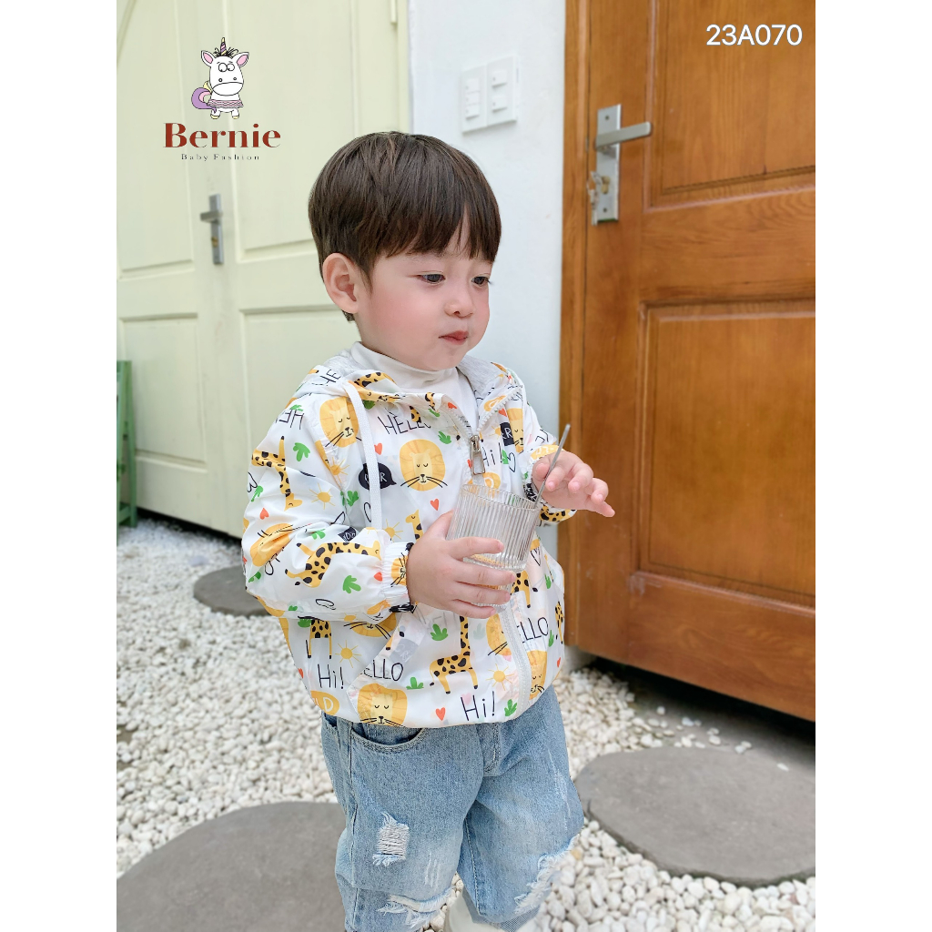 Áo khoác gió in hoạ tiết unisex cho bé trai bé gái, áo khoác dù có mũ cho bé Bernie