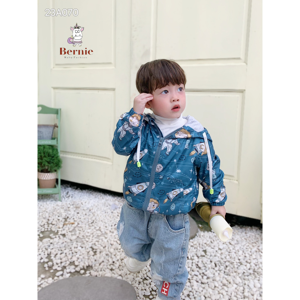 Áo khoác gió in hoạ tiết unisex cho bé trai bé gái, áo khoác dù có mũ cho bé Bernie