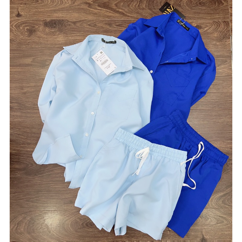 Sét áo sơ mi + short lưng thun zara