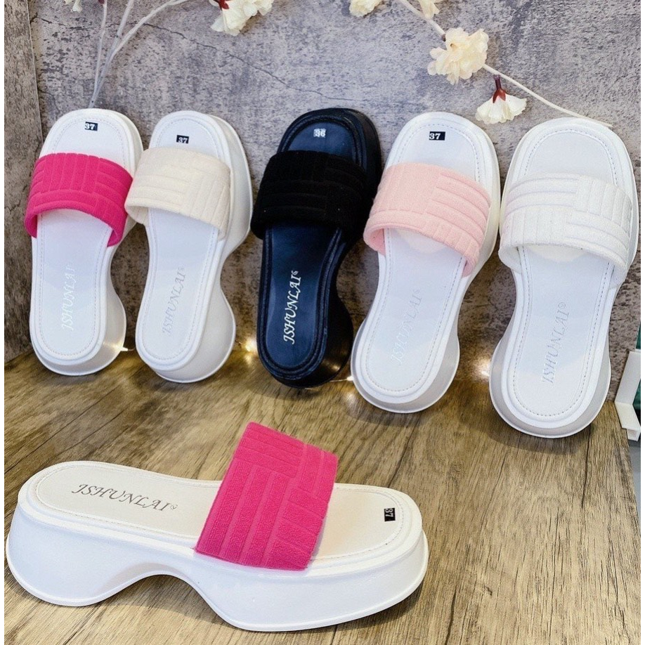 Dép Nữ Quai Ngang Đế PU Siêu Nhẹ Cực Êm Đế Eo Cao Màu Sắc Xinh Xắn