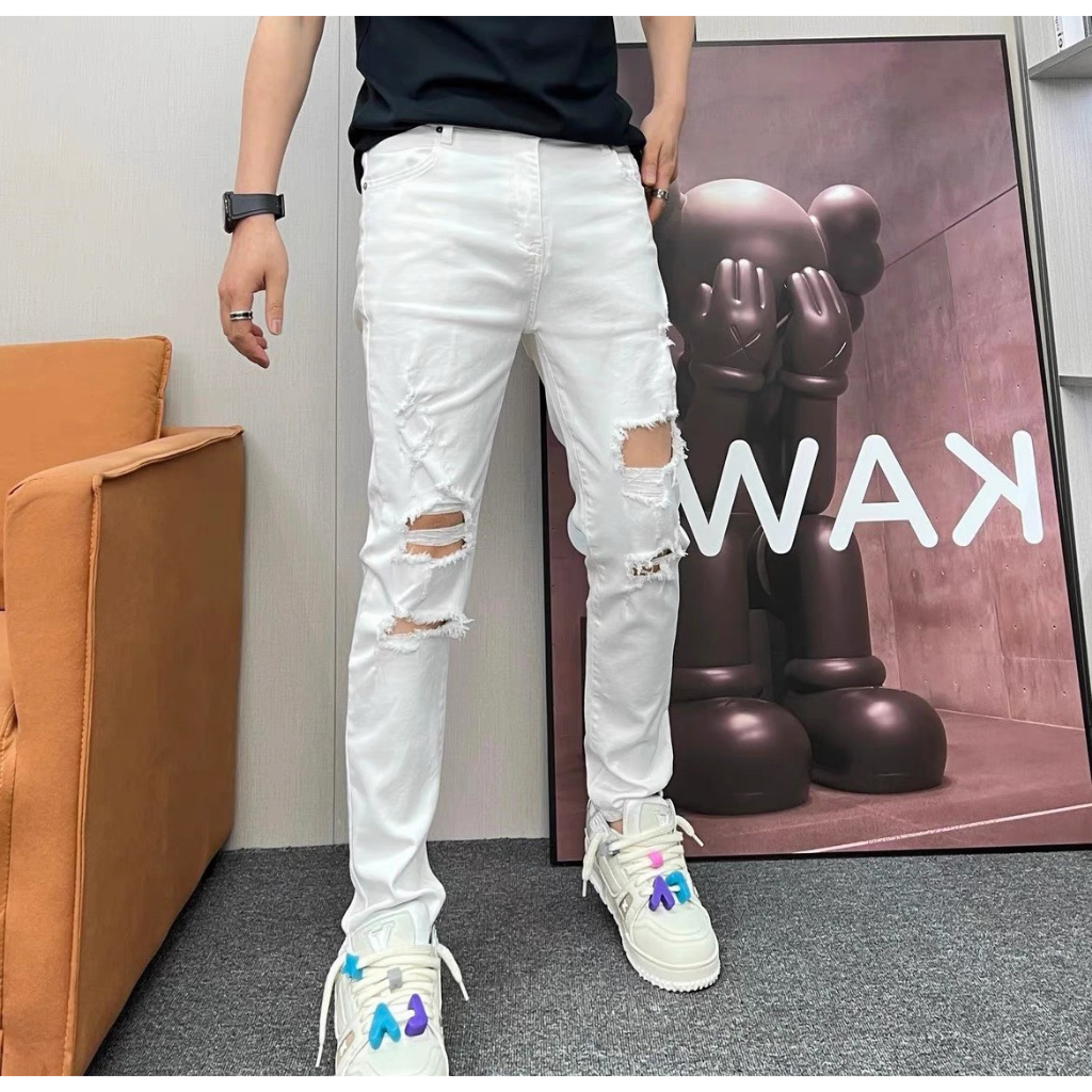 Quần jean nam rách gối to màu đen trơn chất bò cao cấp co dãn 4 đẹp rin trơn form dáng skinny PTZ.store Qj05