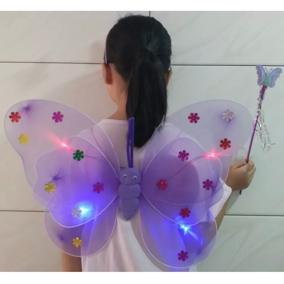Cánh bướm thiên thần có đèn kèm gậy và vương miện cho bé gái