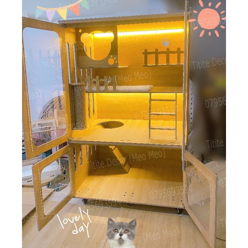 Nhà gỗ cao cấp , xinh xắn cho mèo rộng rãi thoải mái