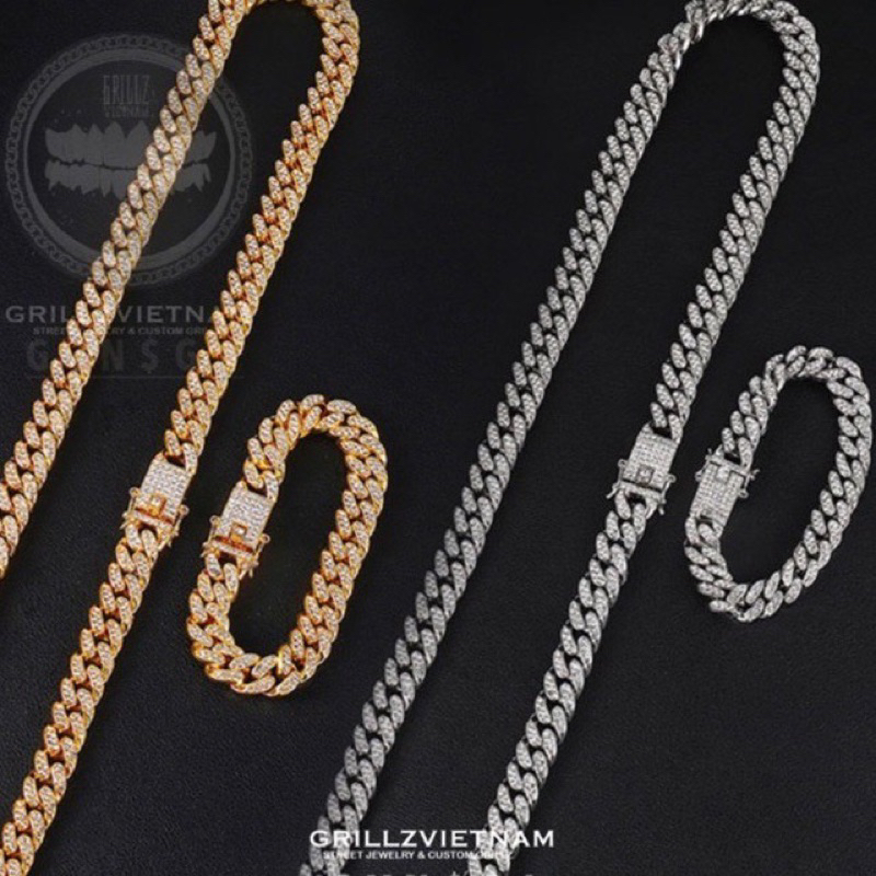 LẮC TAY VÀ DÂY CHUYỀN CUBAN KIM TITAN HIPHOP BRACELET CUBAN MIAMI 12”MM ĐÍNH ĐÁ LẤP LÁNH BRASS RHINESTLÁC