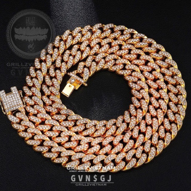 LẮC TAY VÀ DÂY CHUYỀN CUBAN KIM TITAN HIPHOP BRACELET CUBAN MIAMI 12”MM ĐÍNH ĐÁ LẤP LÁNH BRASS RHINESTLÁC