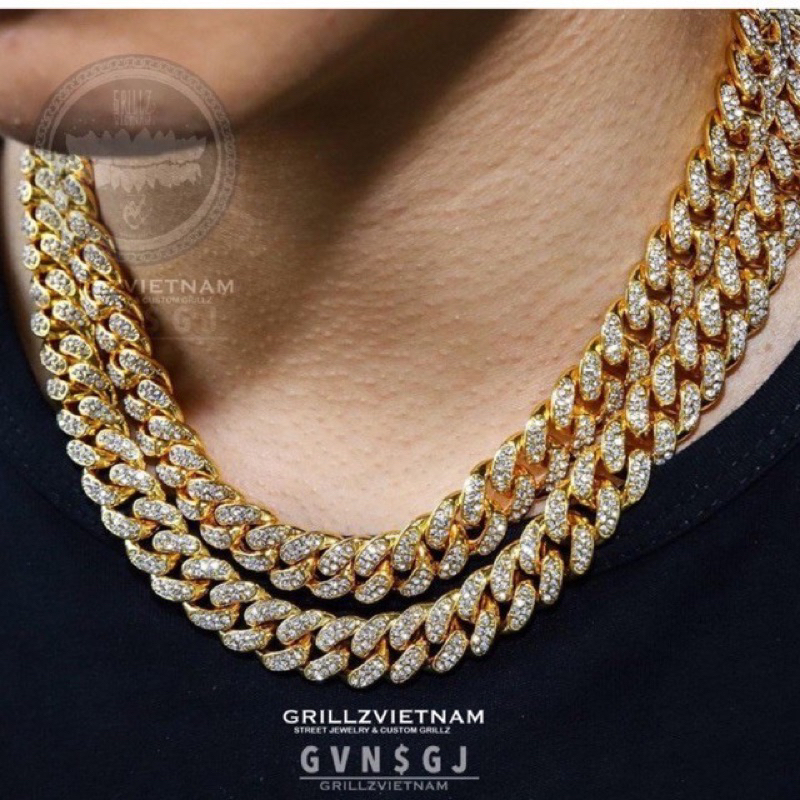 LẮC TAY VÀ DÂY CHUYỀN CUBAN KIM TITAN HIPHOP BRACELET CUBAN MIAMI 12”MM ĐÍNH ĐÁ LẤP LÁNH BRASS RHINESTLÁC
