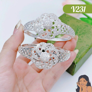 V231 Vòng tay đai mo zigzag tráng gương gắn hoa Ánh Hồng đính đá Bạc thật Thiên Cát s950
