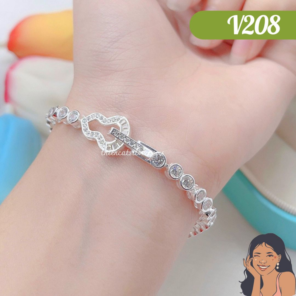 V208 Lắc tay Tennis chấu chìm khóa bấm Hồ Lô đính đá Bạc thật Thiên Cát s950