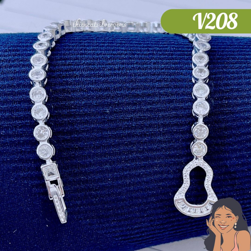 V208 Lắc tay Tennis chấu chìm khóa bấm Hồ Lô đính đá Bạc thật Thiên Cát s950