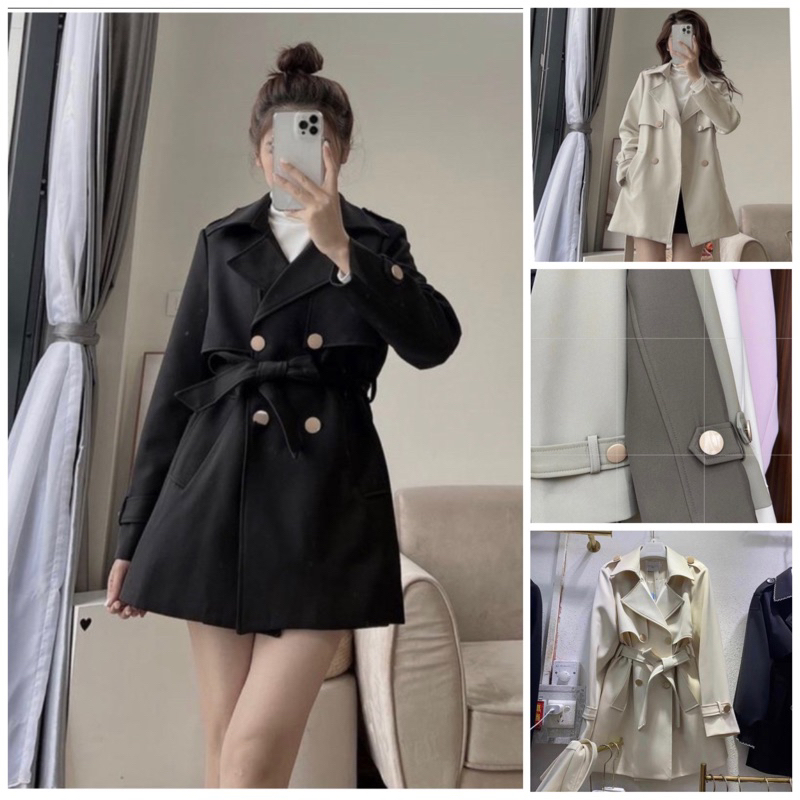 Áo mangto dáng lửng màu basic 4 khuy đồng