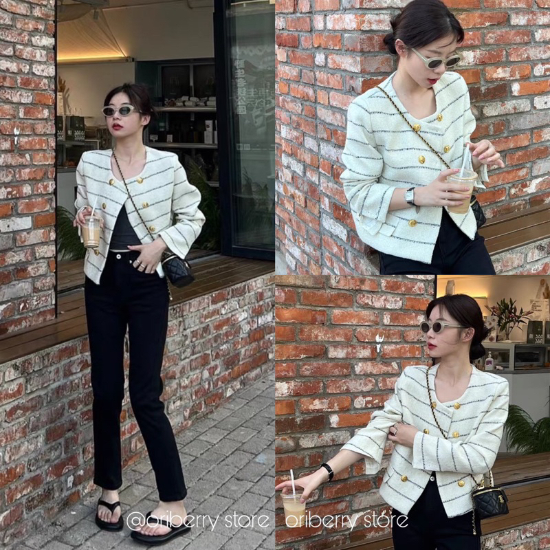 Áo Dạ Tweed Trắng Kẻ Ngang ORIBERRY Phối Cúc Vàng Kim Loại Cổ Tròn Áo Khoác Ngoài Dày Đặn Cho Nữ