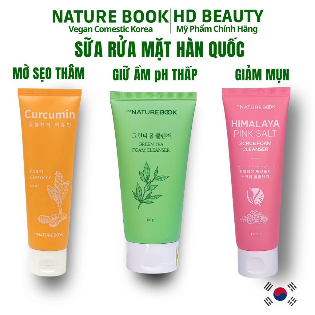 Sữa rửa mặt trà xanh làm sạch dưỡng ẩm The Nature Book thuần chay Hàn Quốc cho mọi loại da dầu, nhạy cảm tuýp 150g