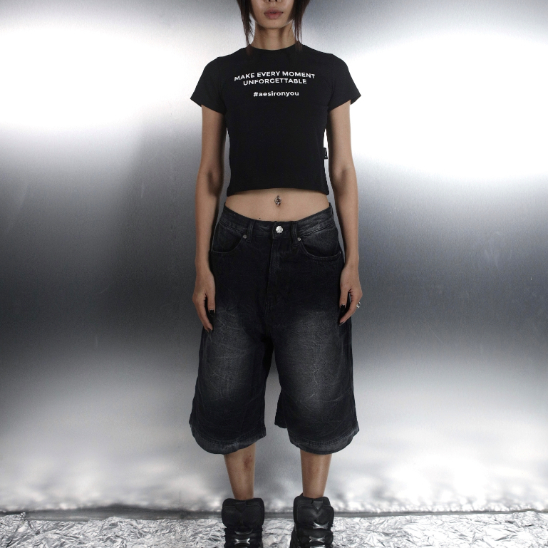 Quần short lửng denim Unisex thương hiệu Aesir Studios màu đen washed - 545