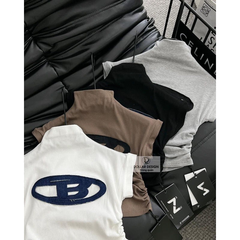 Áo Thun Tăm Cổ 3P Nhún Eo Thêu B Jeans Nổi