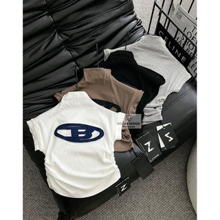 Áo thun tăm cổ 3p nhún eo thêu b jeans nổi