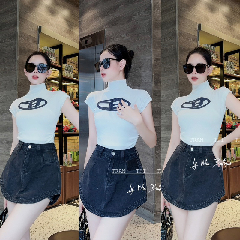 Áo Thun Tăm Cổ 3P Nhún Eo Thêu B Jeans Nổi