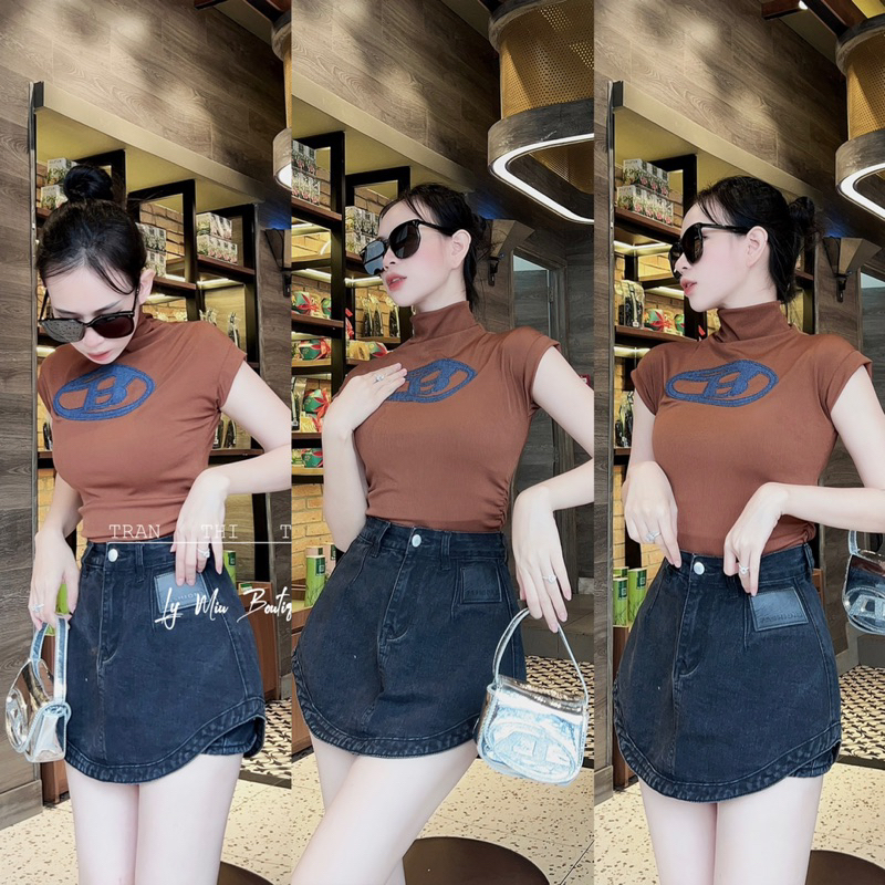 Áo Thun Tăm Cổ 3P Nhún Eo Thêu B Jeans Nổi