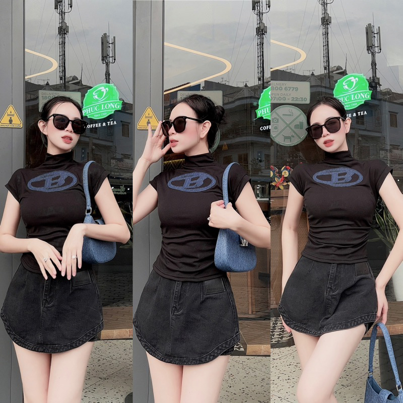 Áo Thun Tăm Cổ 3P Nhún Eo Thêu B Jeans Nổi