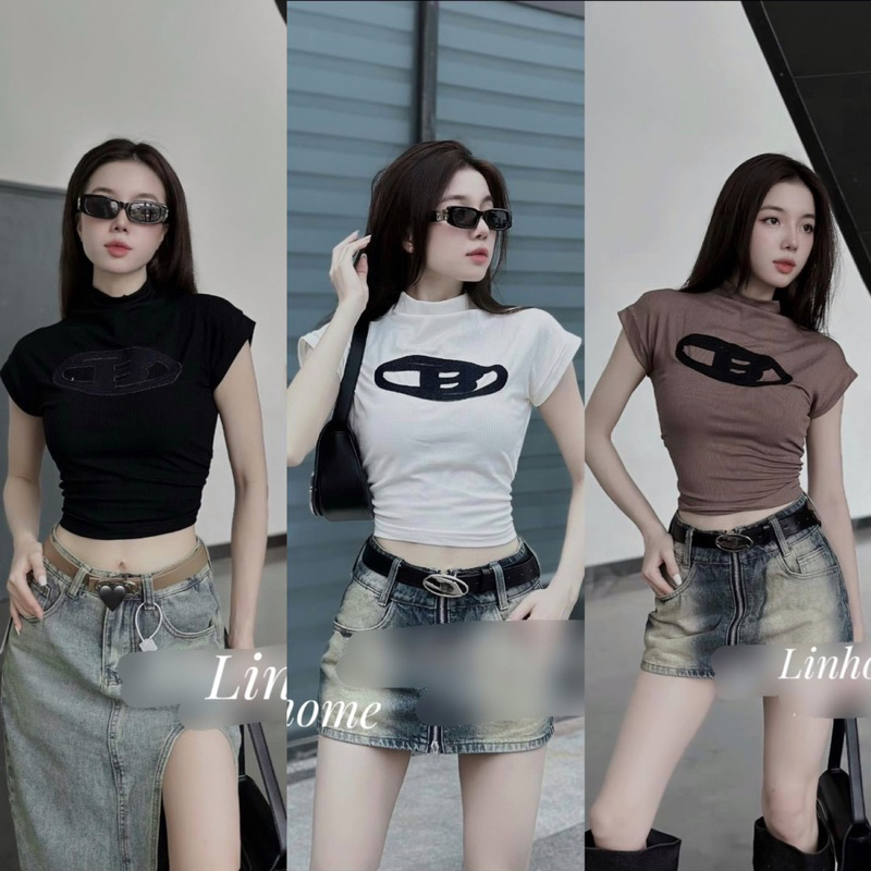 Áo Thun Tăm Cổ 3P Nhún Eo Thêu B Jeans Nổi