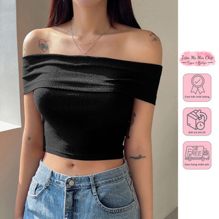 Áo trễ vai trơn viền gập bản to dáng croptop