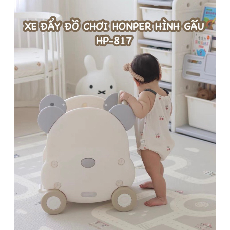 Xe đẩy đồ chơi hình gấu chính hãng Honper vừa là xe đẩy vừa là tủ trữ đồ chơi gọn gàng