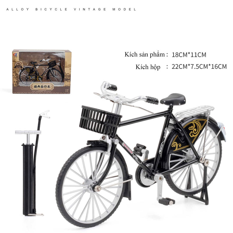 Mô Hình Xe Đạp Xưa Sườn Ngang Có Rổ Trước Tỉ Lệ 1:10 (Tặng ống bơm)