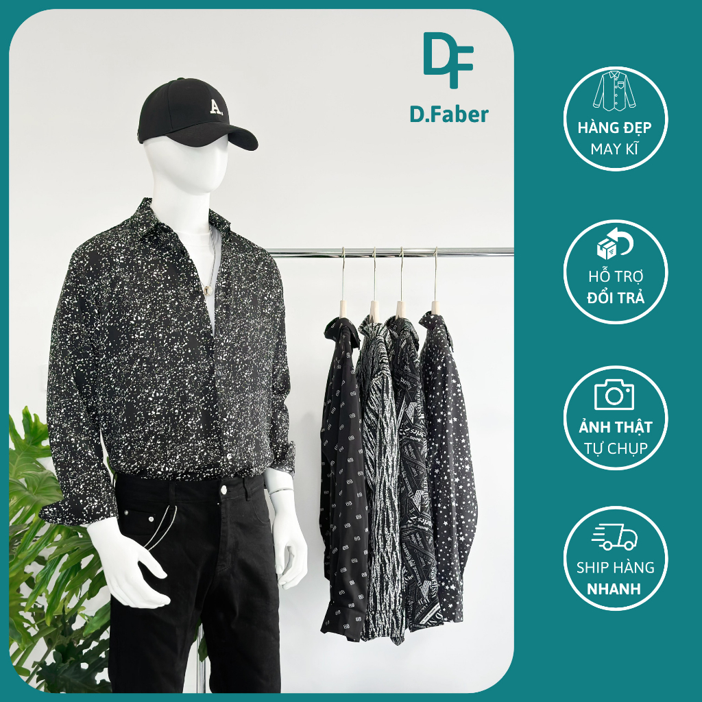 Áo sơ mi nam dài tay hoạ tiết nền đen chấm trắng D.Faber 8423-08 vải mụa mềm mát,thoáng khí, không nhăn, thấm hút mồ hôi