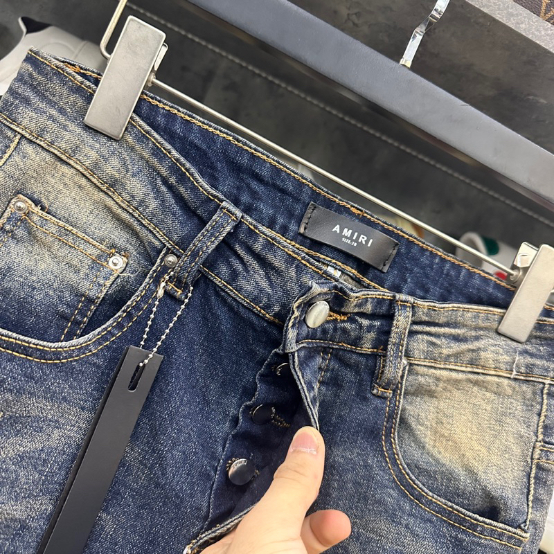 Quần Jean Nam AMIRI Đính Đá 4 Khuy Xanh Rêu Phối Loang Vàng, Quần bò nam đính đá bản rách xước  Hottrend 2023