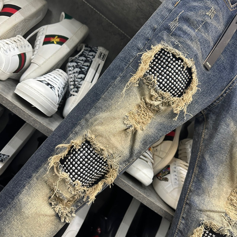 Quần Jean Nam AMIRI Đính Đá 4 Khuy Xanh Rêu Phối Loang Vàng, Quần bò nam đính đá bản rách xước  Hottrend 2023