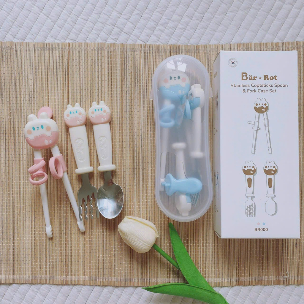 Set thìa dĩa + đũa ăn tập gắp kèm hộp đựng chính hãng Bar rot cho bé ăn dặm