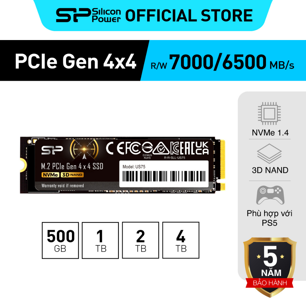 Ổ cứng SSD Silicon Power M.2 PCIe Gen 4x4 NVMe 3D NAND 500GB 1TB 2TB _US75 - Bảo Hành 5 năm.