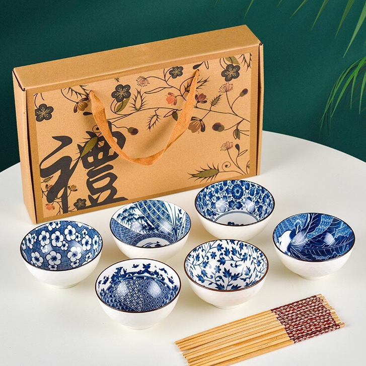 Bộ 6 Chén Sứ Thổ Cẩm Xanh Phong Cách Nhật Tặng Kèm 6 Đũa Hoa Cao Cấp(ảnh thật shop tự chụp)