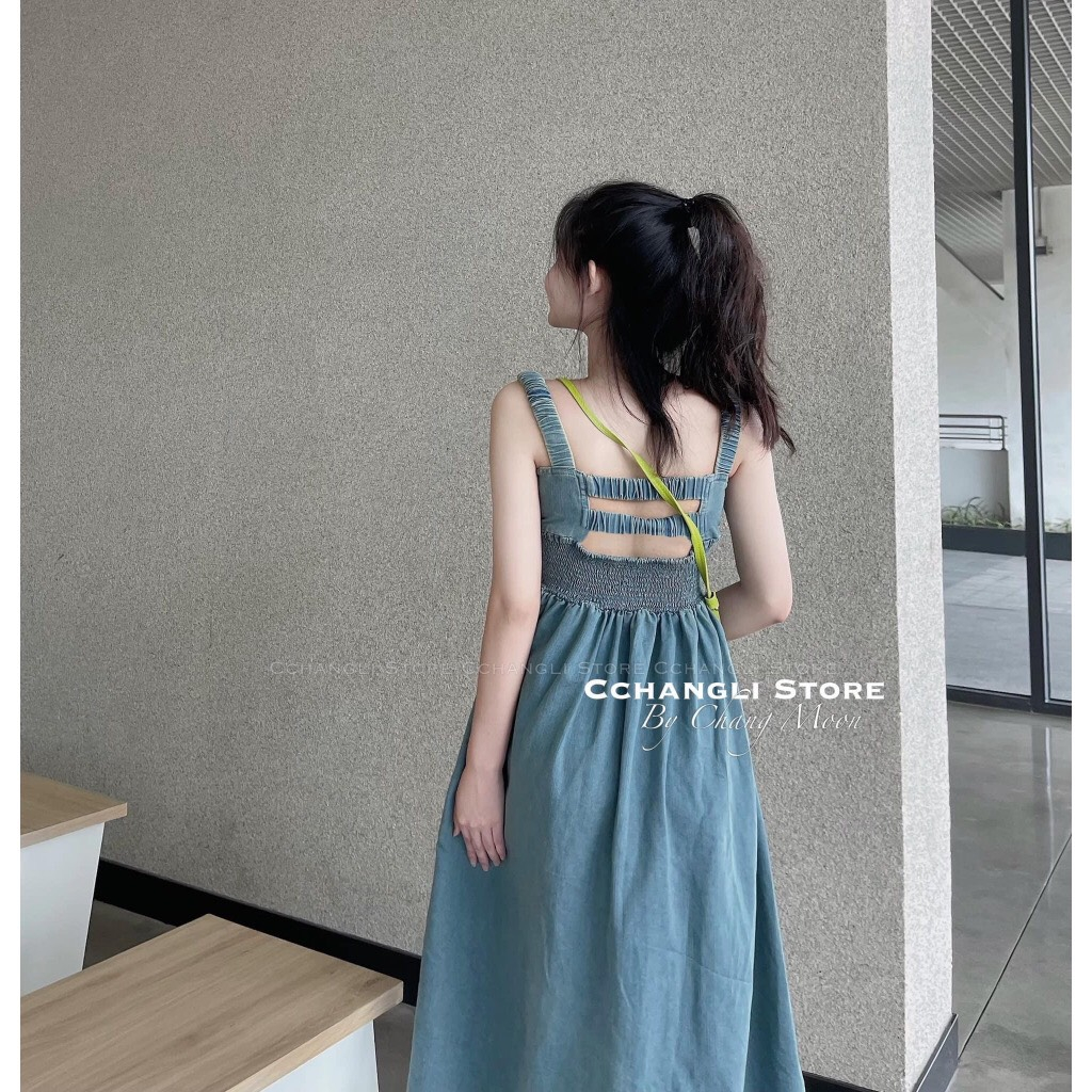 Váy 2 dây,váy bò hai dây đầm maxi váy jeans hai dây dáng dài nhún chun ngực trẻ trung SV72 HOASUMO