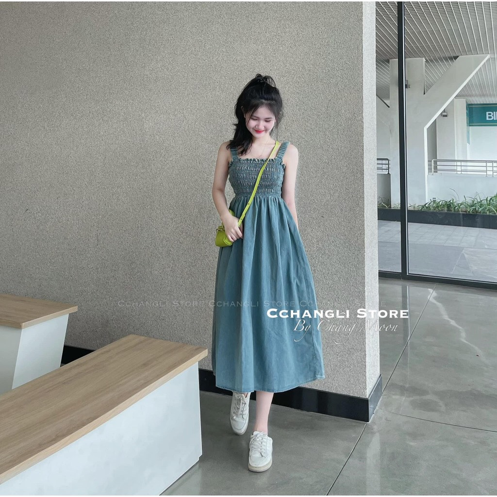 Váy 2 dây,váy bò hai dây đầm maxi váy jeans hai dây dáng dài nhún chun ngực trẻ trung SV72 HOASUMO