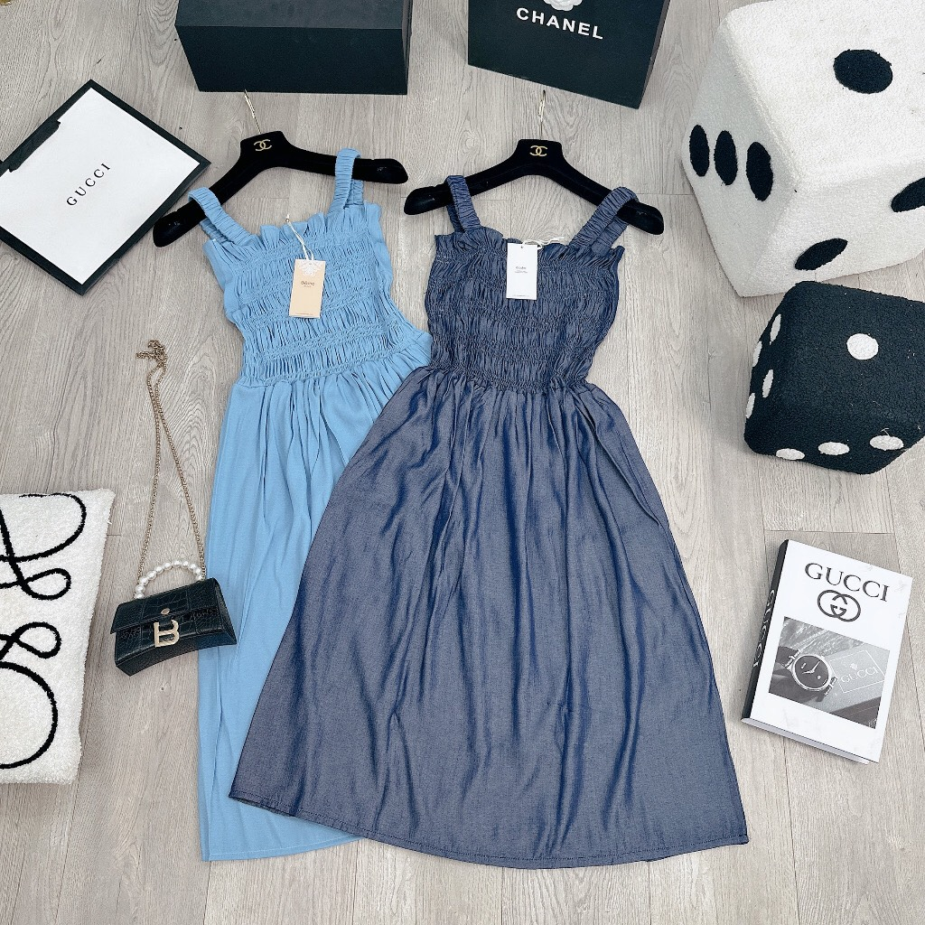 Váy 2 dây,váy bò hai dây đầm maxi váy jeans hai dây dáng dài nhún chun ngực trẻ trung SV72 HOASUMO